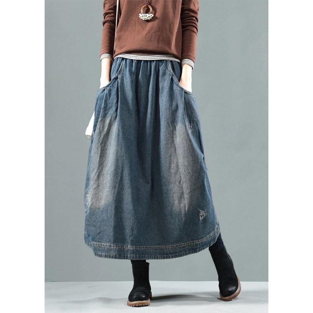 SOOLINEN Monthorigin M Denim Maxi Skirt Blue Cottagecore Faded Balloon Skirt 🌿
